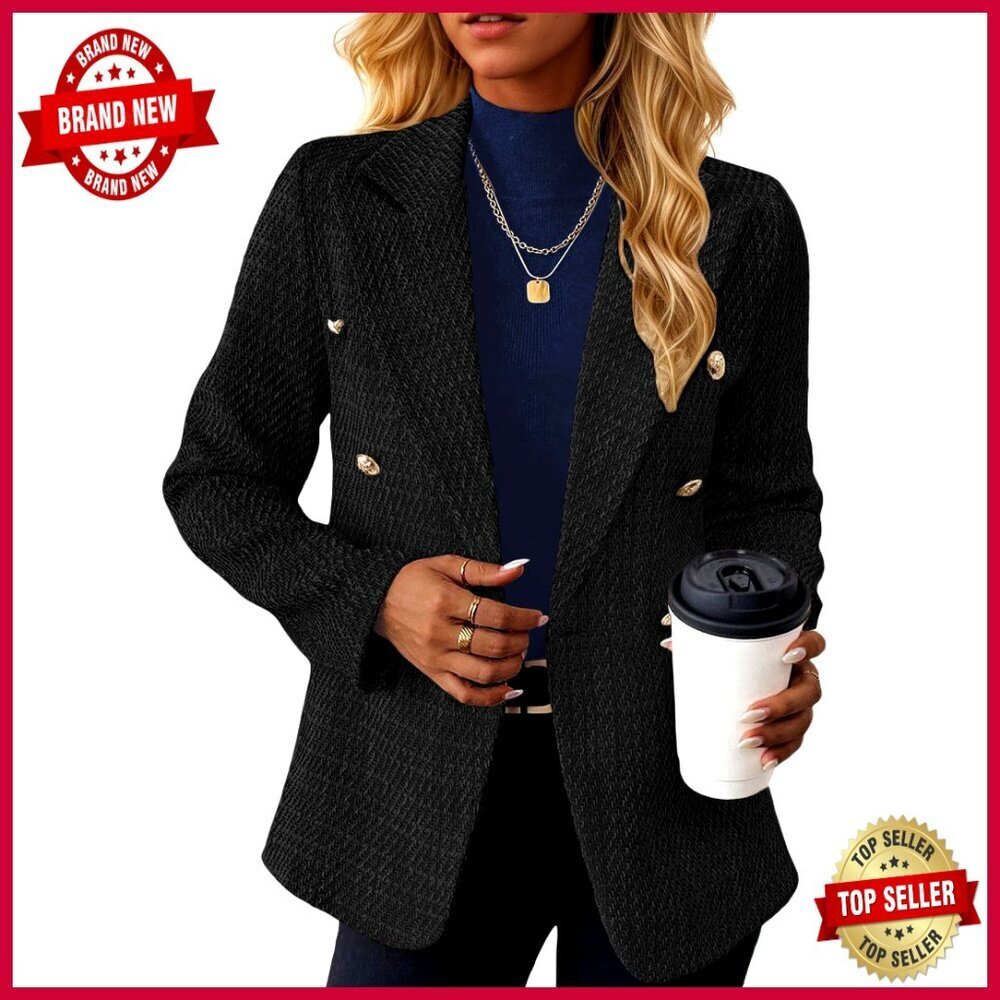 Double-Breasted Tweed Blazer Fully-Lined Slim Fit Casual Work Office Jacket